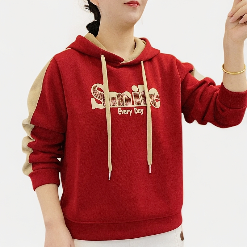 小玥女装冬季加绒加厚字母烫钻时尚休闲连帽宽松显瘦卫衣长袖2065