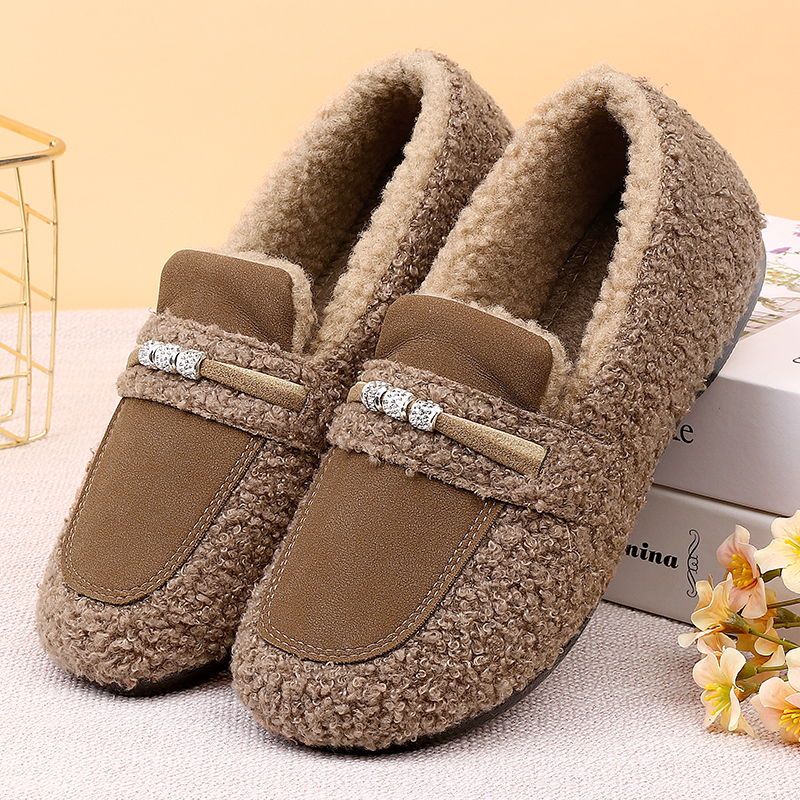 冬季新款泰迪毛加绒豆豆鞋平底百搭加绒保暖软底防滑毛毛鞋棉鞋女