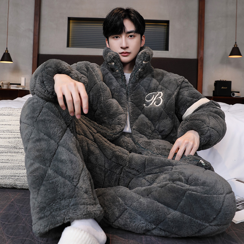 冬季睡衣男珊瑚绒夹棉三层加厚加绒2025新款秋冬款高档家居服套装