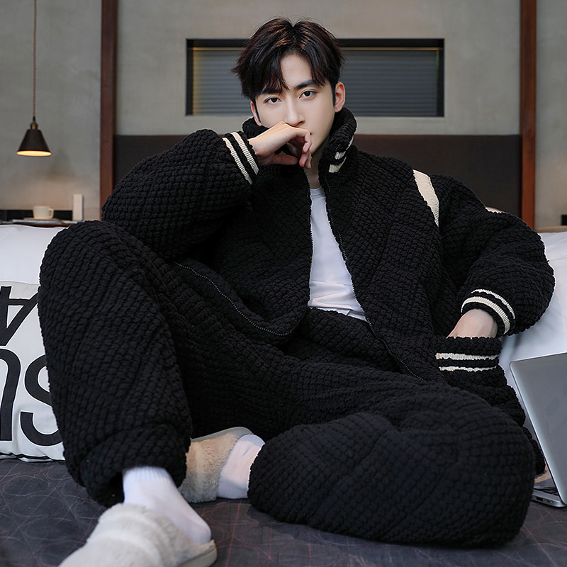 冬季睡衣男款加厚加绒珊瑚绒三层夹棉2025新款爆款冬天高档家居服