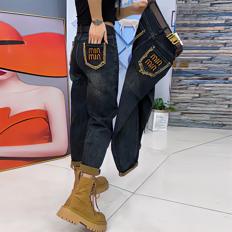 Aimeerosa/艾洛莎大码显瘦百搭复古牛仔裤2024冬季新款宽松哈伦裤