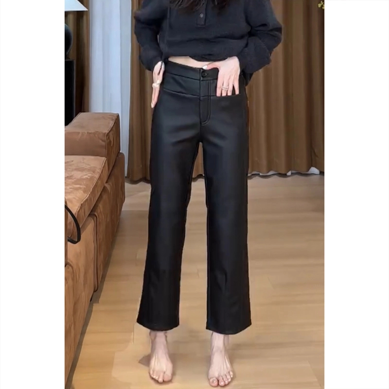 Aimeerosa/艾洛莎休闲弹力皮裤女冬季新款保暖烟管裤胖九分直筒裤
