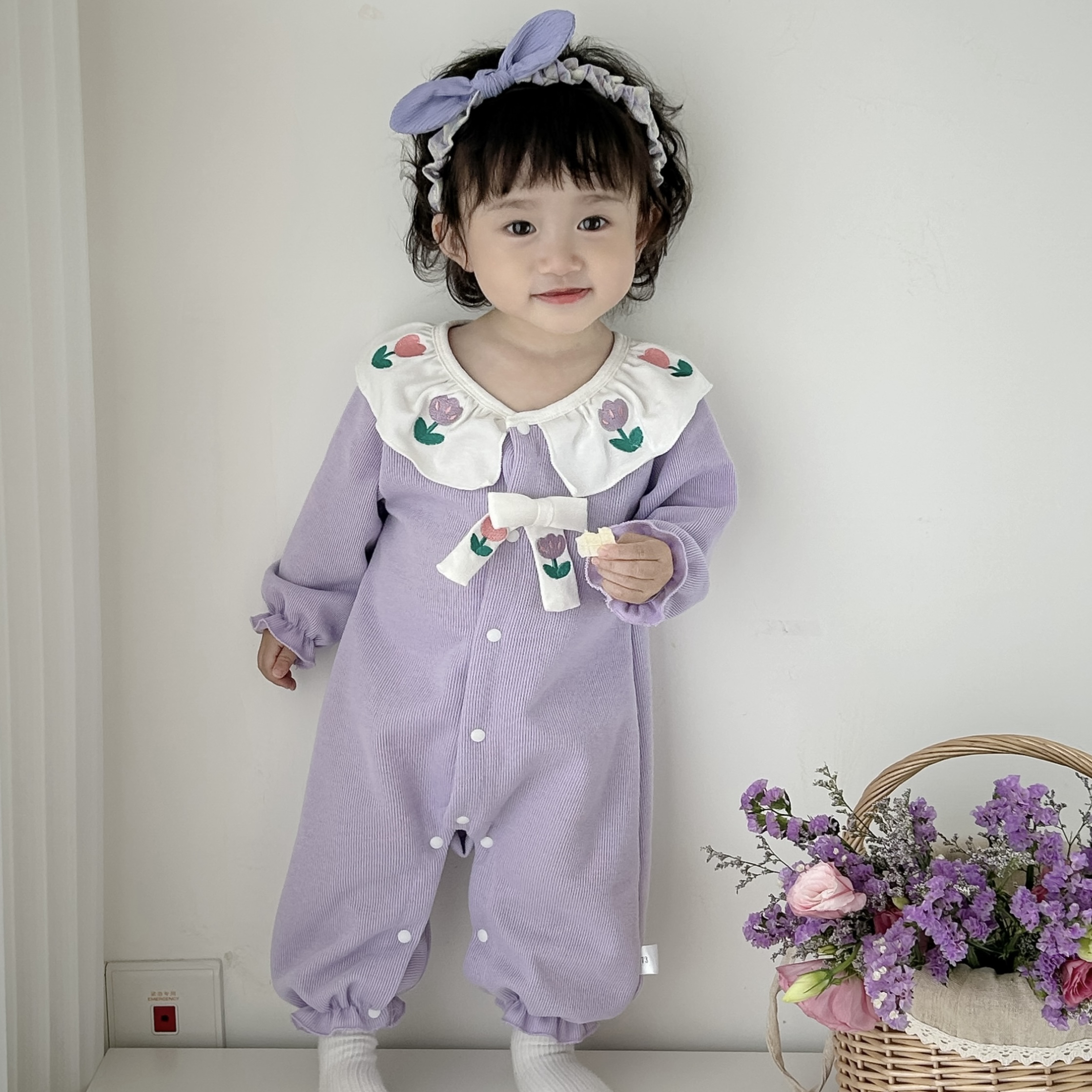 2025秋季新款女宝宝长袖连体衣紫色郁金香甜美公主哈衣爬服外出服