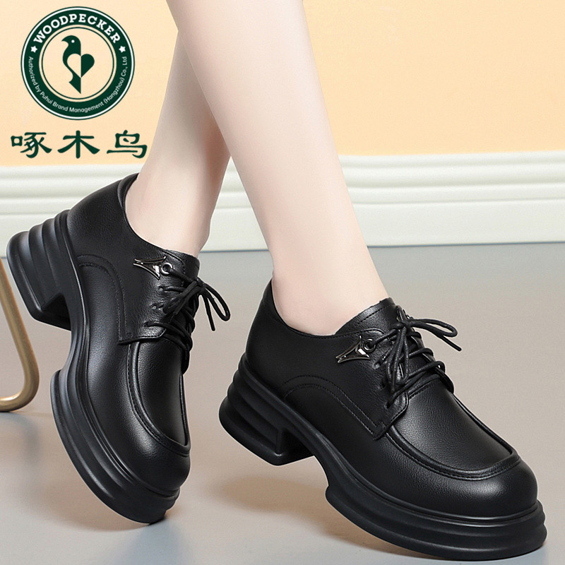 啄木鸟乐福鞋女2025新款春秋季厚底增高英伦风黑色小皮鞋单鞋子