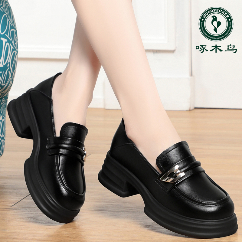 啄木鸟厚底乐福鞋女英伦风新款鞋子秋季春秋圆头乐福鞋黑色单鞋