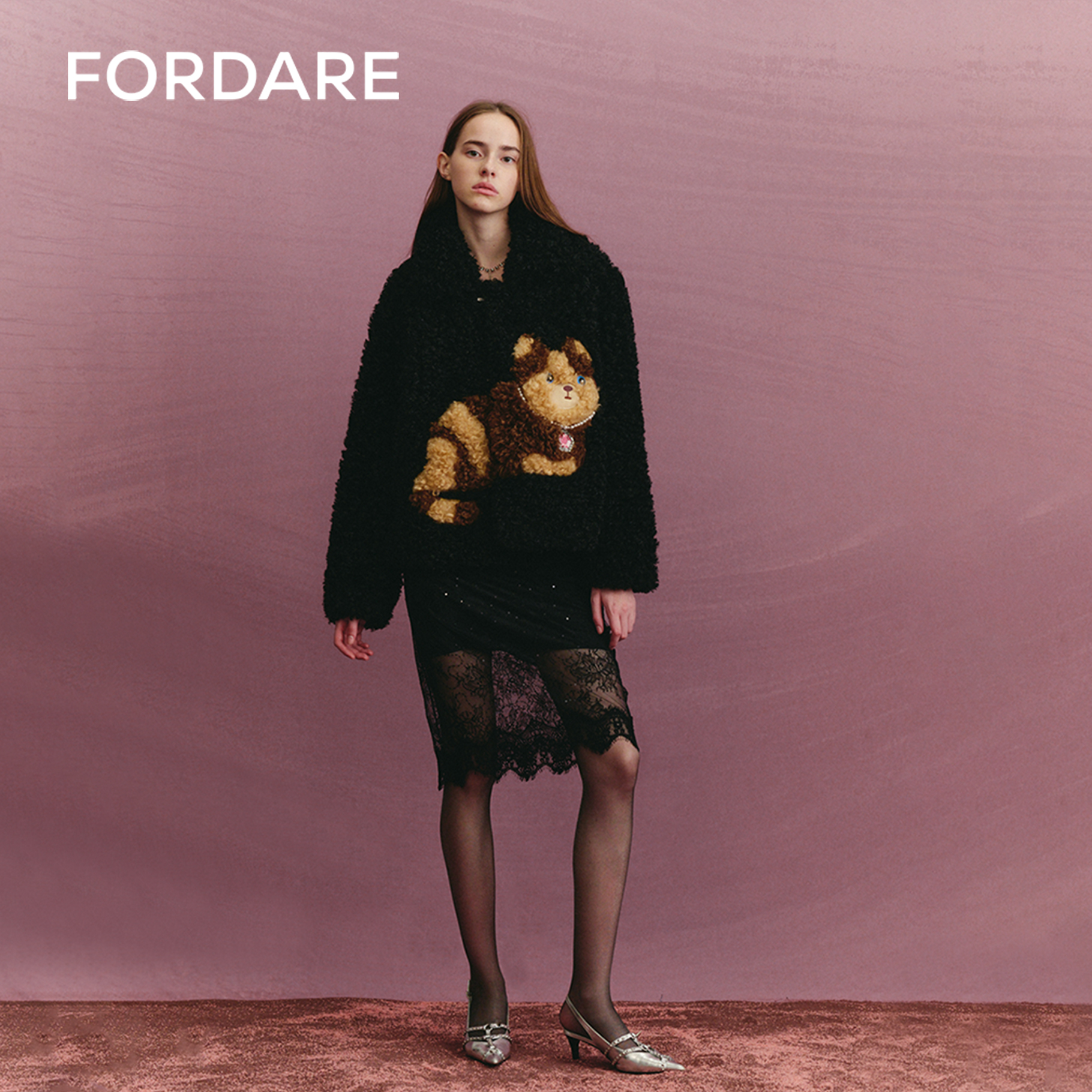 FORDARE福蝶 秋季新品 富贵猫毛毛外套宽松黑色毛绒时尚1119