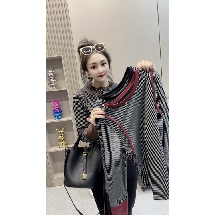 2025秋冬新款袖子拼接条纹拼色圆领长袖T恤女修身插肩袖上衣