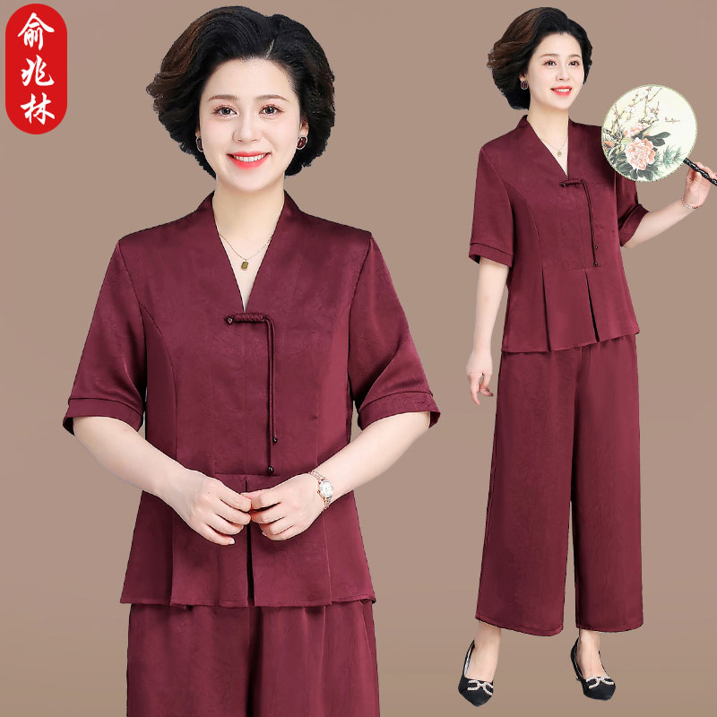 俞兆林中年妈妈夏装雪纺套装洋气时尚女夏季短袖小衫阔腿裤两件套