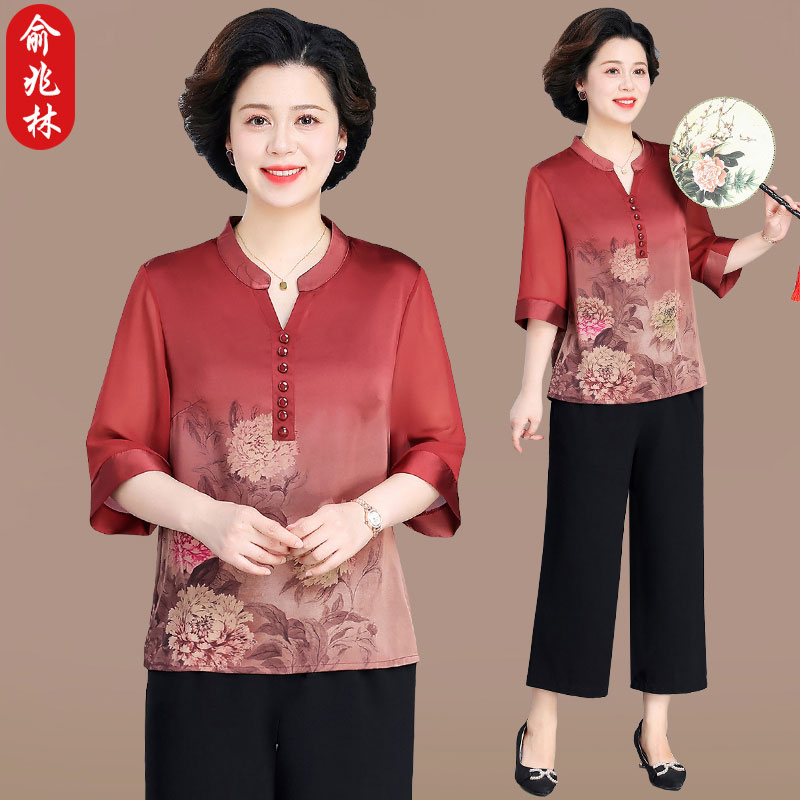 俞兆林妈妈夏装国风套装洋气减龄中老年女夏季短袖雪纺上衣两件套