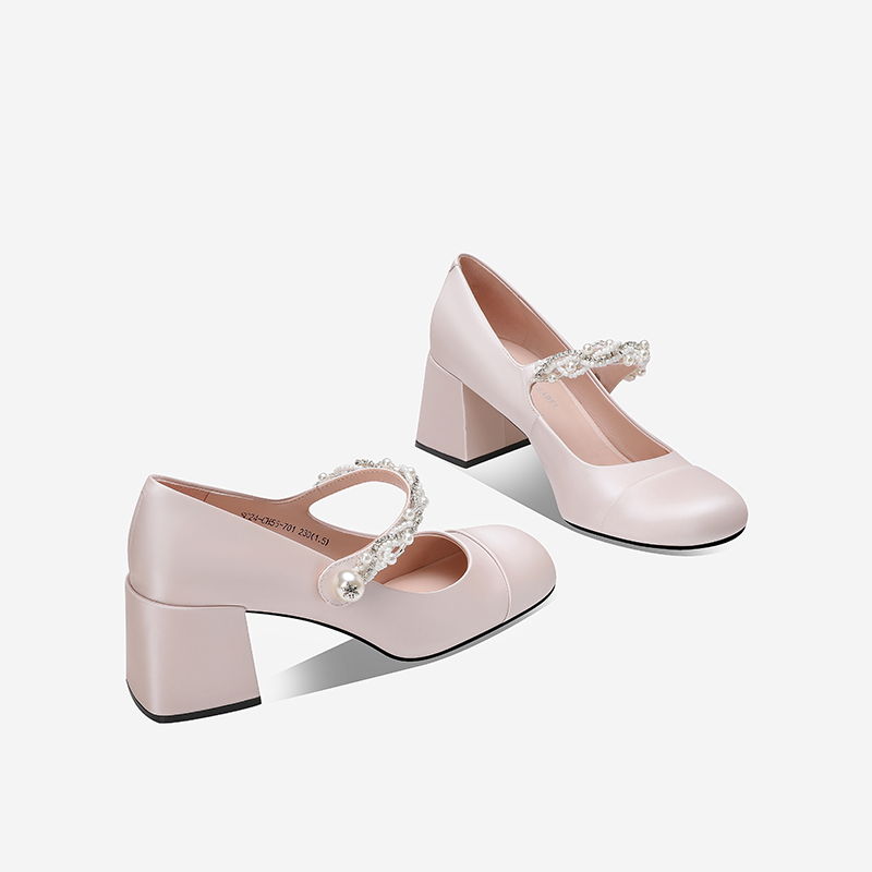 白色粗高跟玛丽珍鞋2025气质百搭时尚温柔方头拼色浅口小单鞋真皮