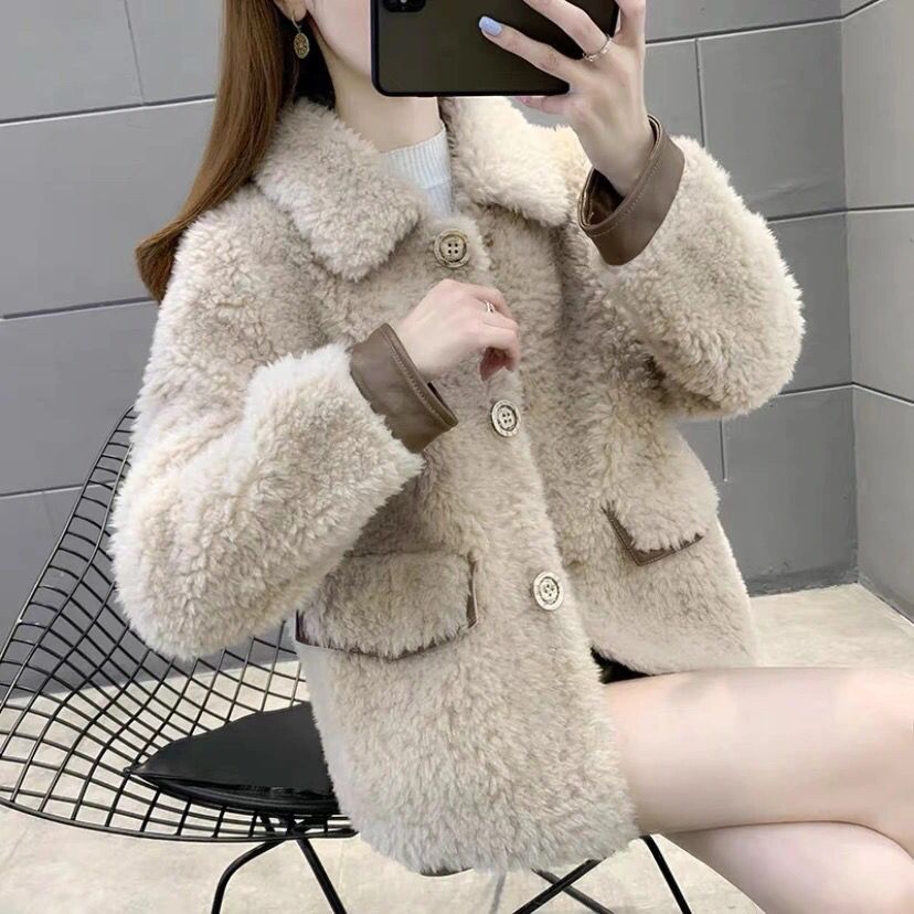 新款颗粒绒仿羊羔毛复合皮毛一体百搭时尚宽松外套小个子短款大衣