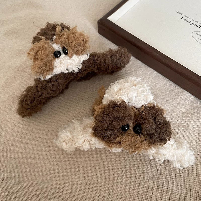 秋冬新款毛绒小狗鲨鱼夹卡通少女盘发抓夹in时尚爆款马尾顶夹头饰