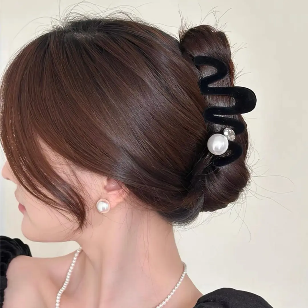 秋冬气质黑色植绒波浪纹大中号抓夹网红小众百搭抓夹优雅时尚发饰