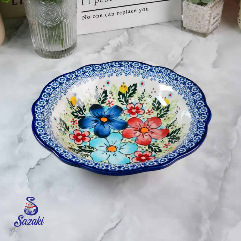 Sazaki盛夏 深圆盘子家用瓷盘8.5英寸波兰彩陶瓷手绘釉下彩高级感