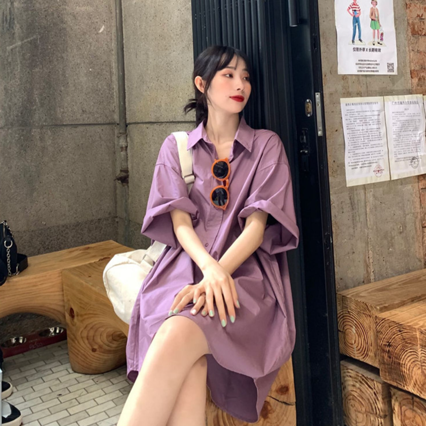 短袖宽松中长款蓝色衬衫裙女夏季新款韩版气质盐系百搭显瘦衬衣潮