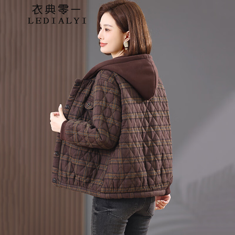 格子连帽棉服女短款2025冬季新款高端小个子中年加绒加厚小棉袄
