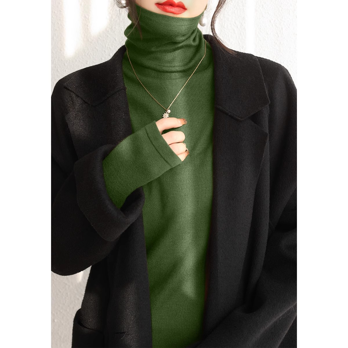 芯娇晴堆堆高领长袖针织打底衫女春秋2025新款慵懒风内搭正肩毛衣