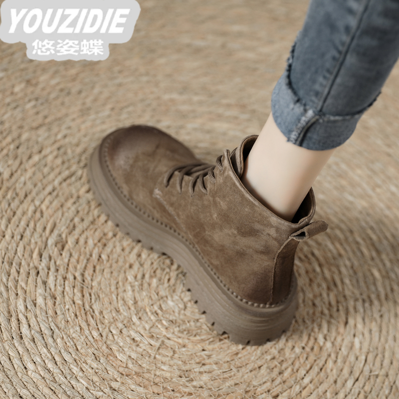 YOUZIDIE厚底磨砂牛皮时尚保暖马丁靴女2025年圆头新款休闲短靴