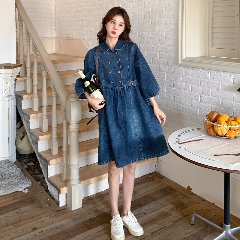 蓝色复古娃娃领牛仔连衣裙女小个子2024春新款法式减龄a字衬衫裙