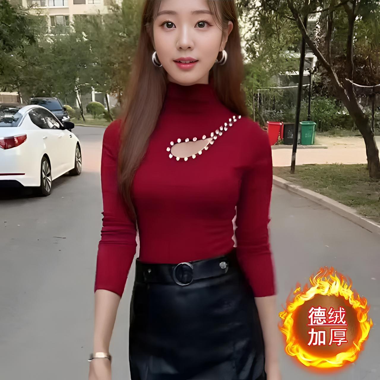 时尚设计感半高领打底衫女2024秋冬新款修身加厚保暖长袖T恤上衣