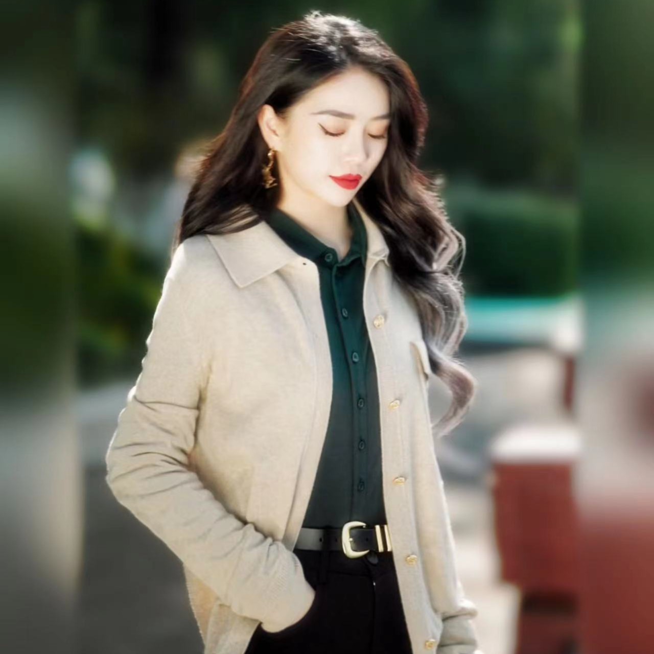 哥弟秋冬时尚翻领宽松羊绒衫100%纯羊绒打底衫针织开衫女1499186