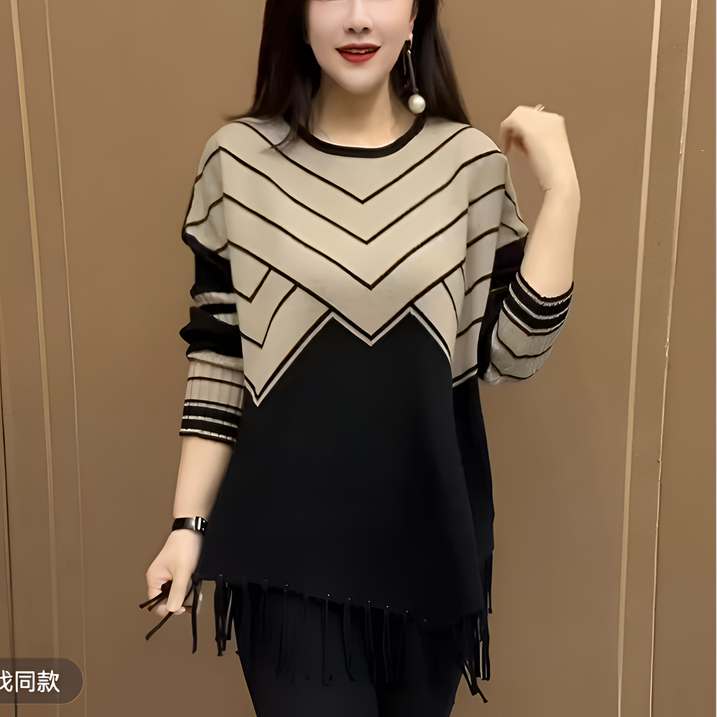 时尚妈妈中长款加厚毛衣2025冬季新款高档设计不规则拼接流苏上衣