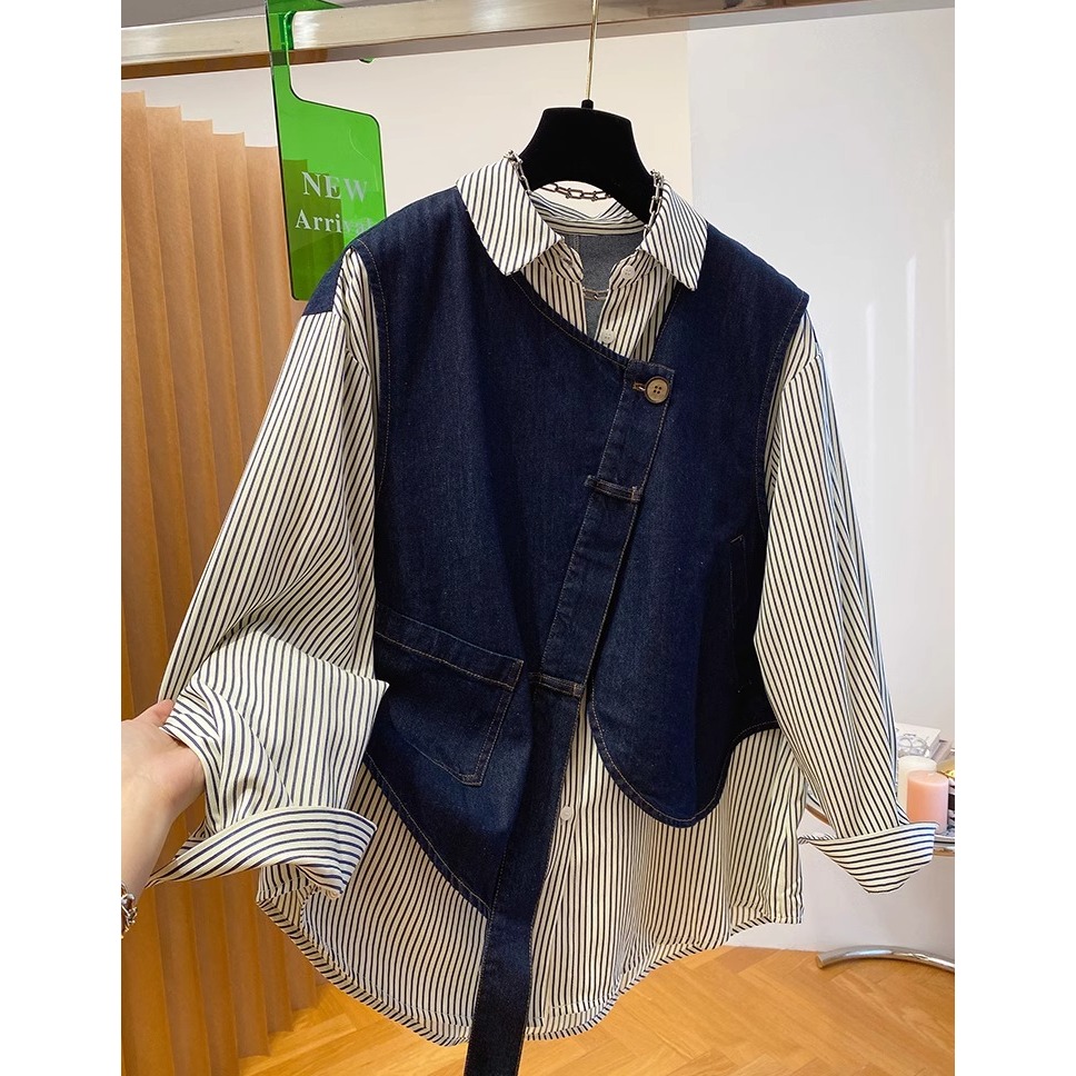 欧货牛仔拼接条纹衬衫女春秋2024新款宽松高级设计感假两件上衣潮