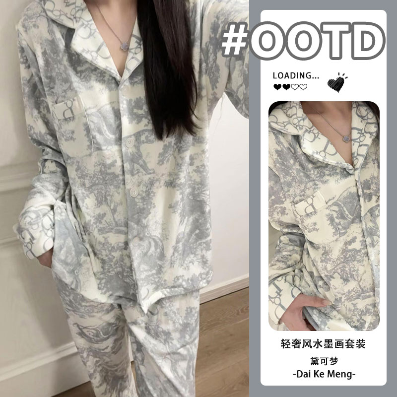 轻奢水墨画德绒家居服女秋冬保暖高级字母绘画设计感长袖睡衣套装