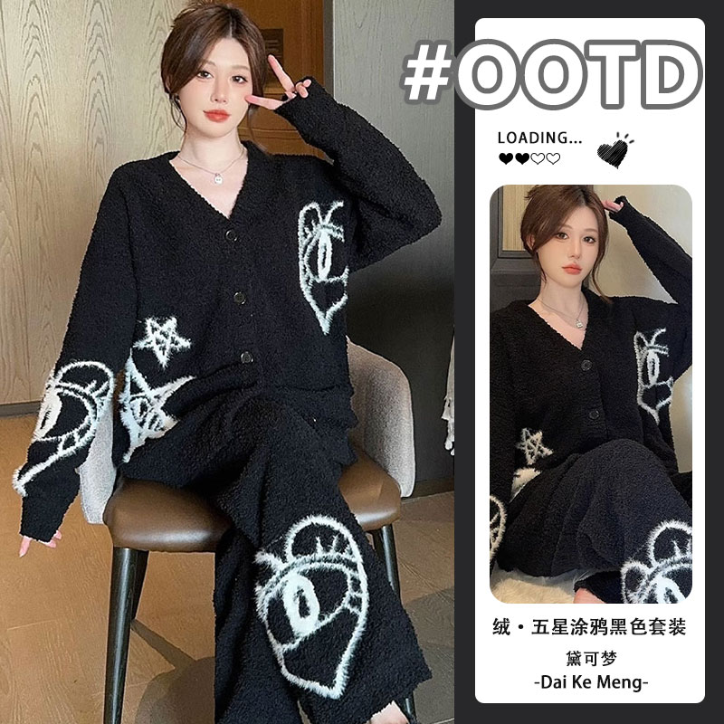 韩系软乎毛绒开衫套装睡衣女秋冬季加厚半边绒可外穿洋气家居服冬