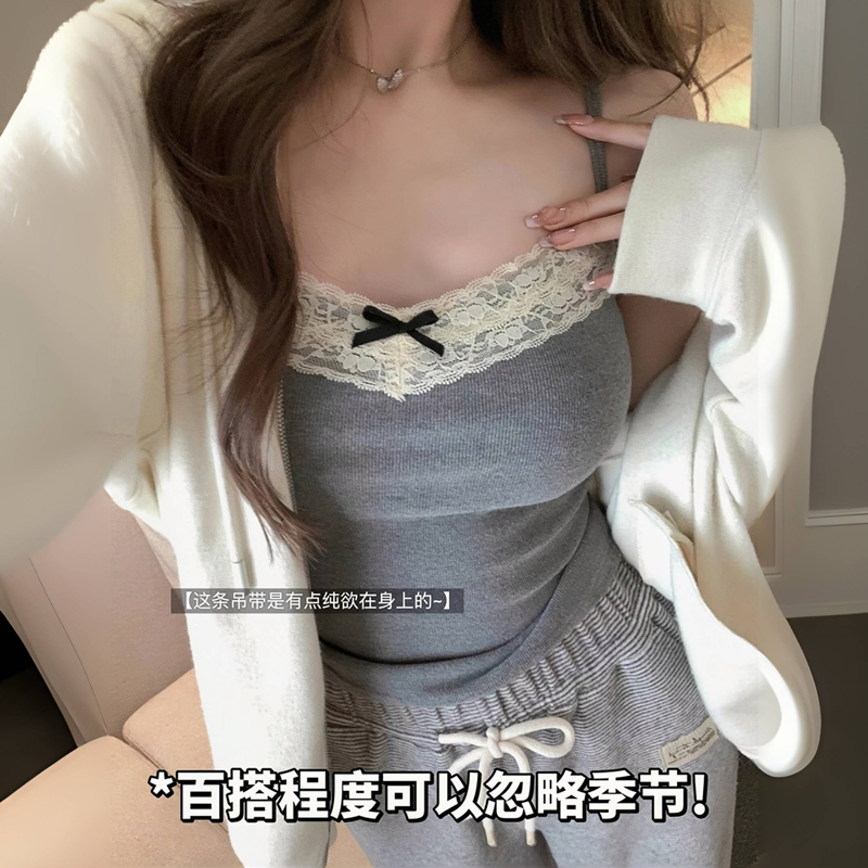 法式辣妹蝴蝶结蕾丝吊带背心女夏内搭外穿带胸垫无袖美背短款上衣