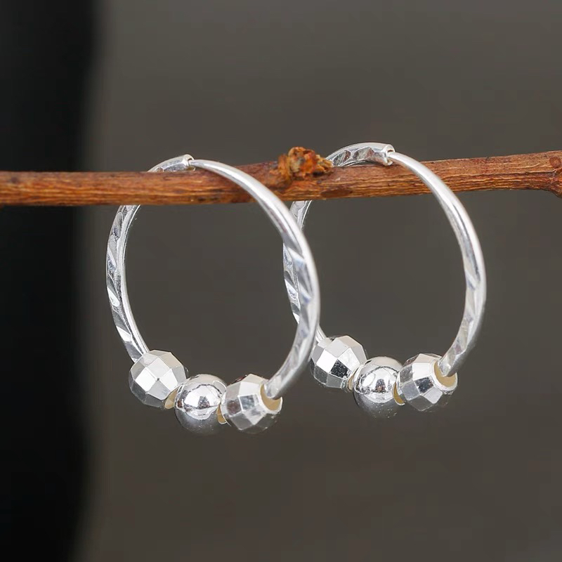 足银耳饰 999纯银耳环串珠耳圈女时尚百搭气质个性养耳洞防过敏