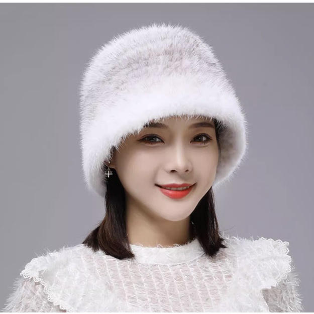 新款水貂皮水桶帽女时尚户外出游韩版帽子水貂毛编织保暖护耳百搭