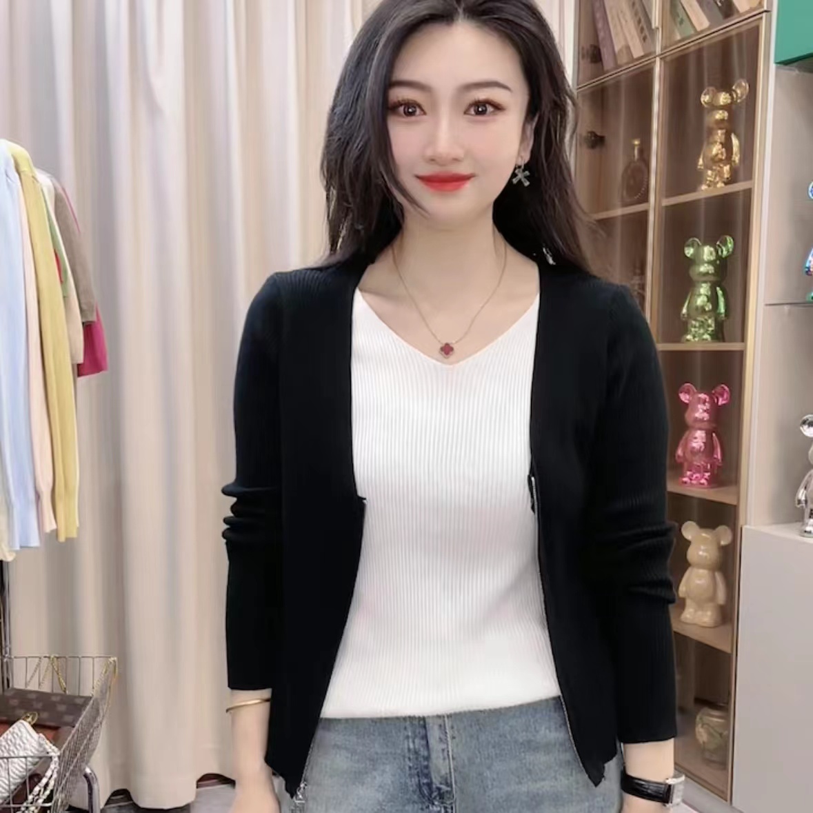 2025年秋季新款韩版女装时尚气质显瘦百搭拼色假两件针织衫202