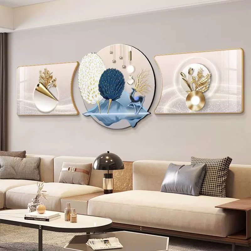 客厅装饰画羽毛现代简约沙发背景墙挂画轻奢金枝玉叶抽象组合壁画