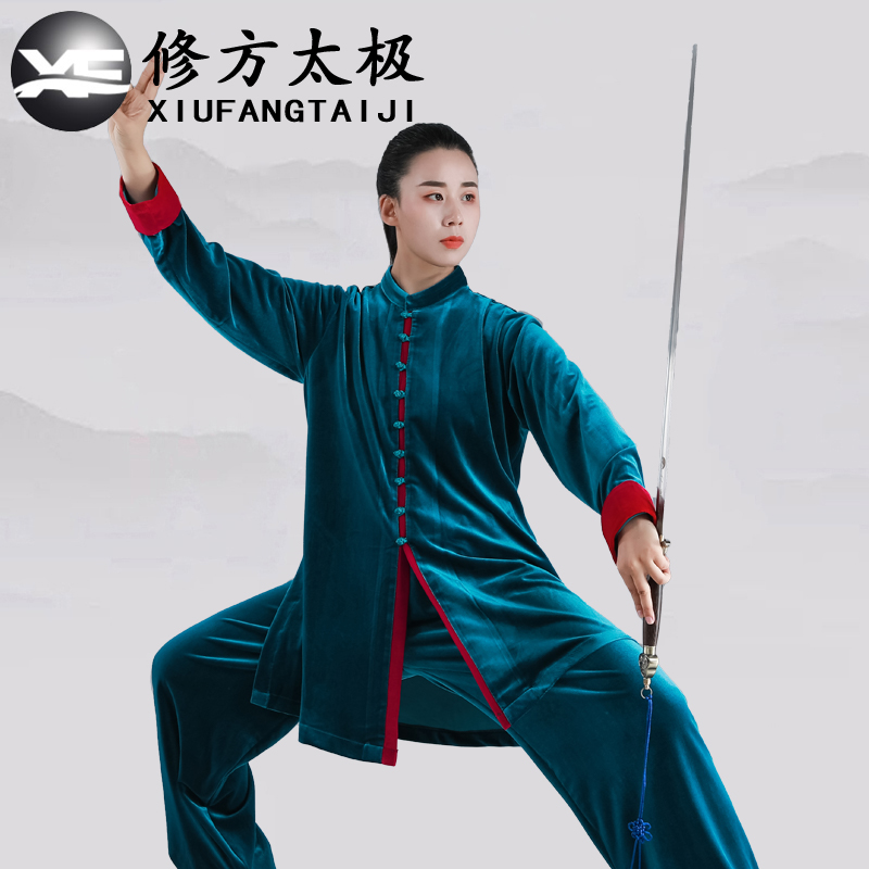 太极服女秋冬加厚保暖飘逸金丝绒中国风男中老年太极拳武术表演服