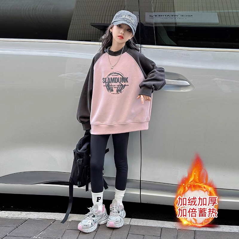 女童加绒卫衣2024新款秋冬女大童洋气宽松儿童一体绒女孩加厚上衣
