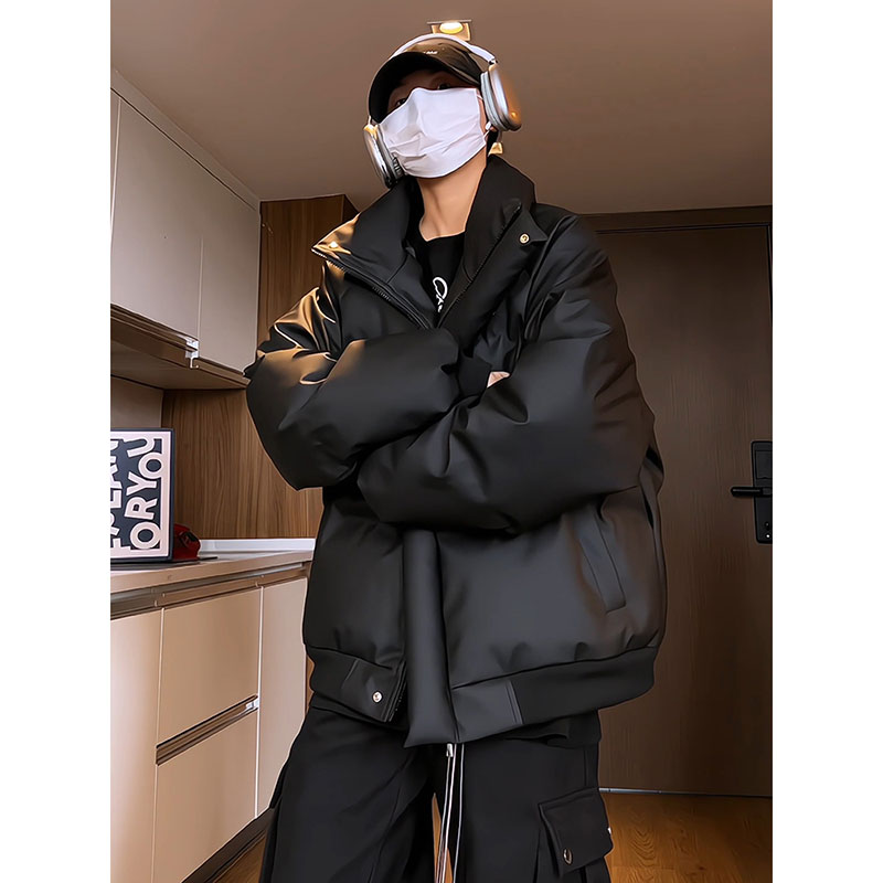 美式高街刺绣棉服男冬季潮牌短款pu皮外套潮流立领三防工装面包服