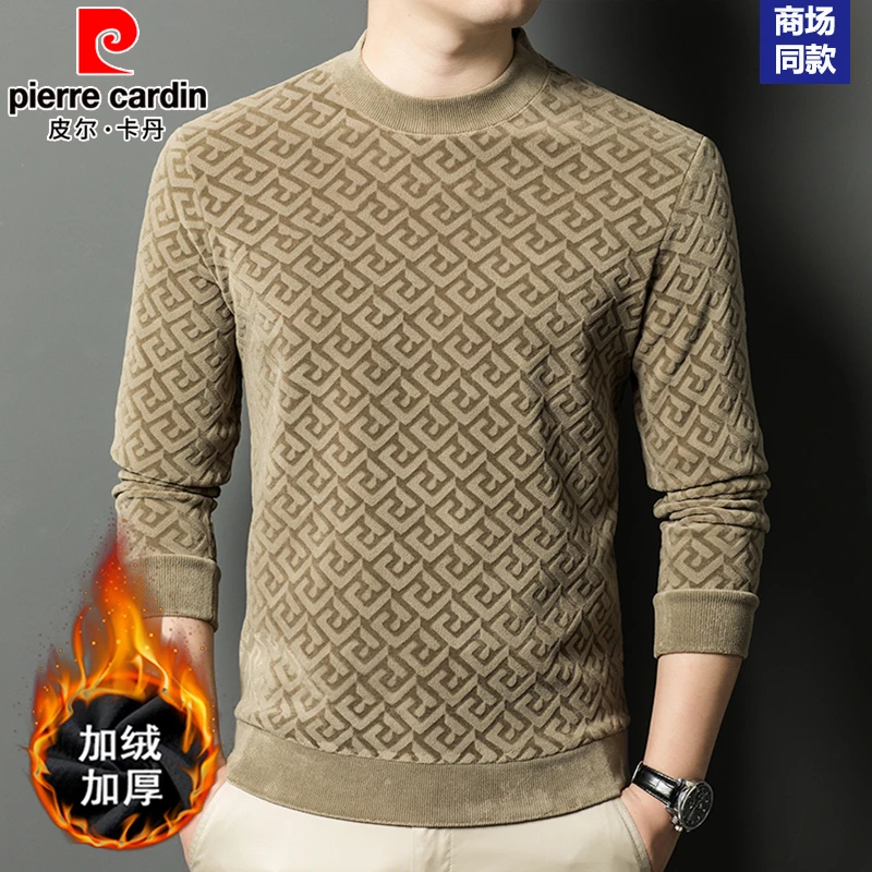 皮尔卡丹新款冬季加绒加厚时尚奥利绒保暖男士休闲圆领一体绒卫衣