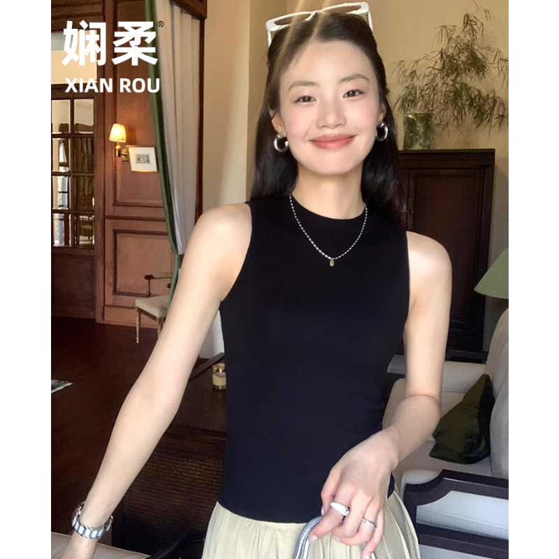 娴柔黑色吊带背心女夏外穿修身显瘦基础百搭无袖针织纯色t恤上衣