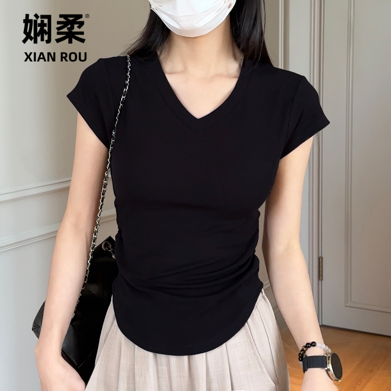 弧形下摆短袖女夏2025新款螺纹针织纯欲v领T恤小飞袖黑色显瘦上衣