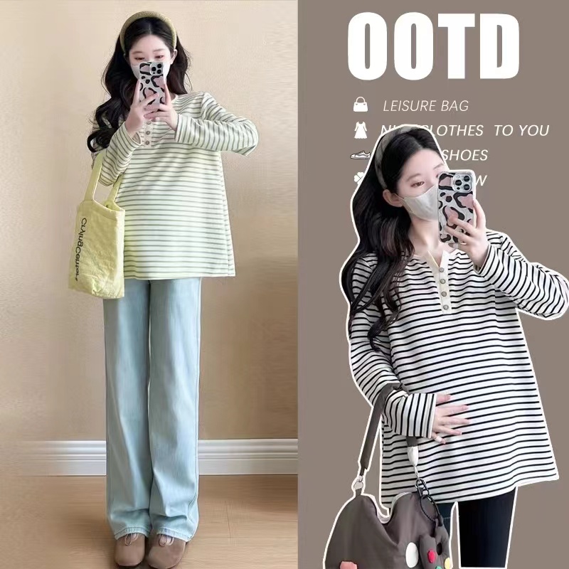 孕妇装孕晚期新款孕妇上衣中长款长袖孕妇T恤宽松休闲条纹打底衫