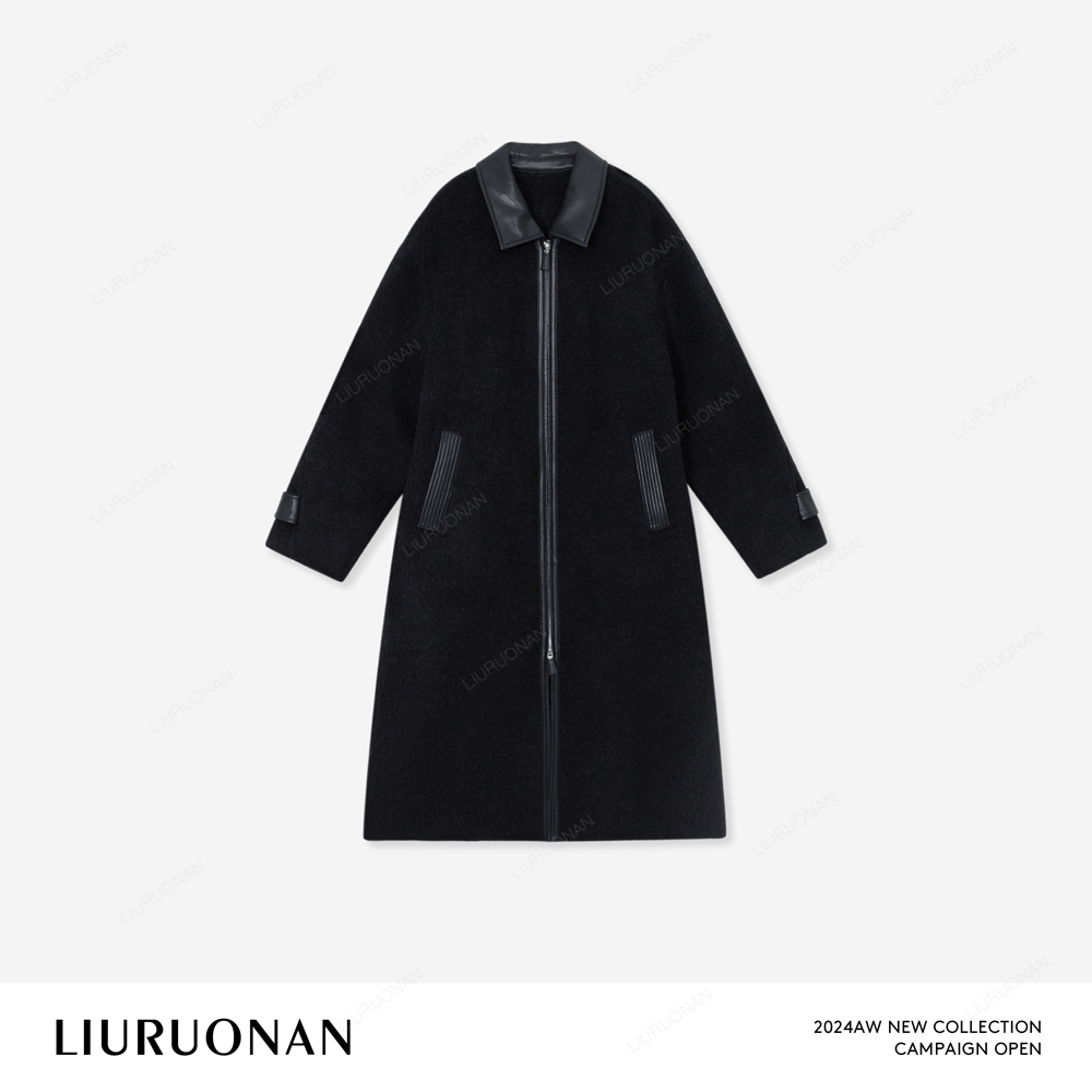 LIURUONAN 24AW【皮领呢大衣】双拉链中长款毛呢外套秋冬黑保暖大衣