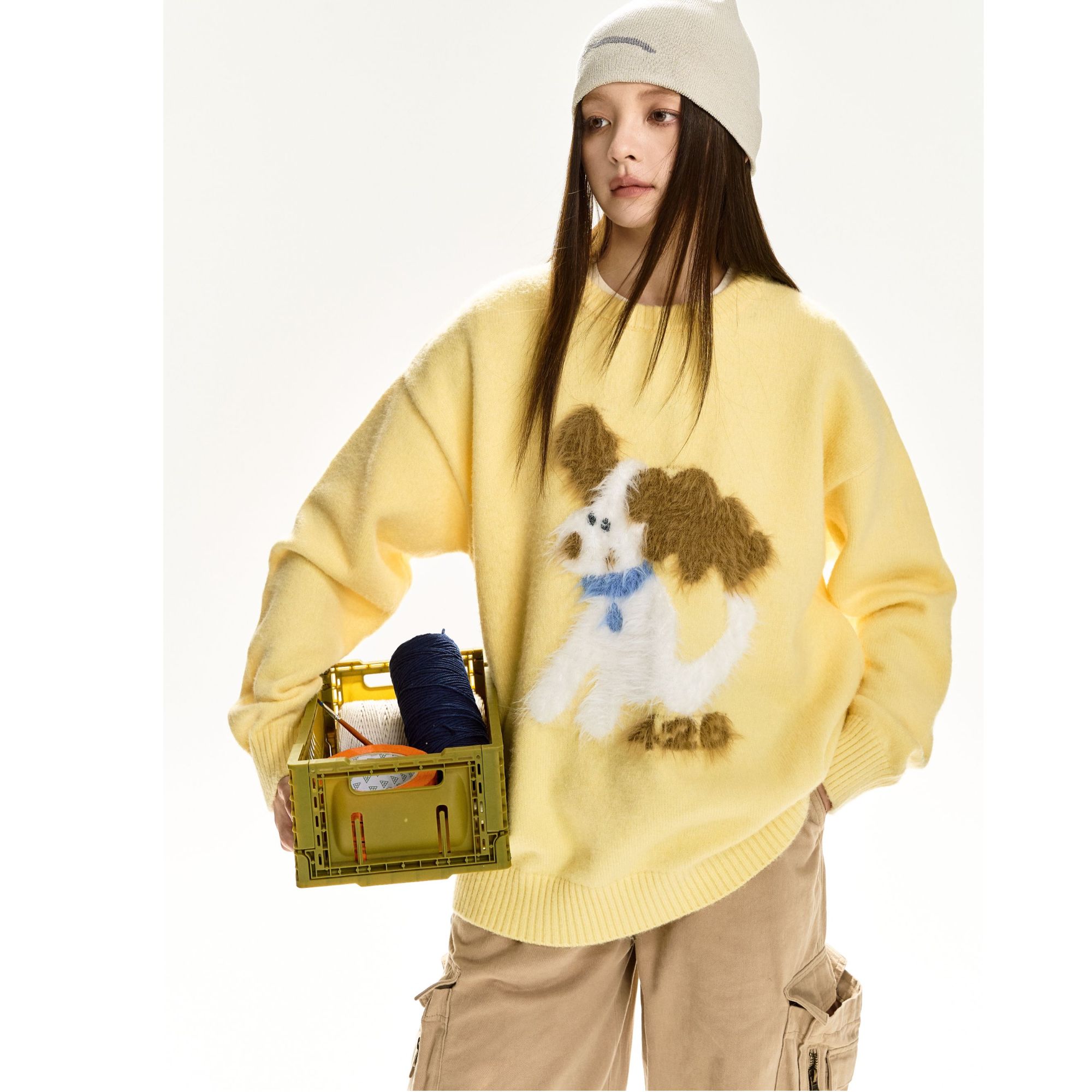 F426国潮牌情侣毛绒小狗提花毛衣秋冬季圆领毛衣6382 达