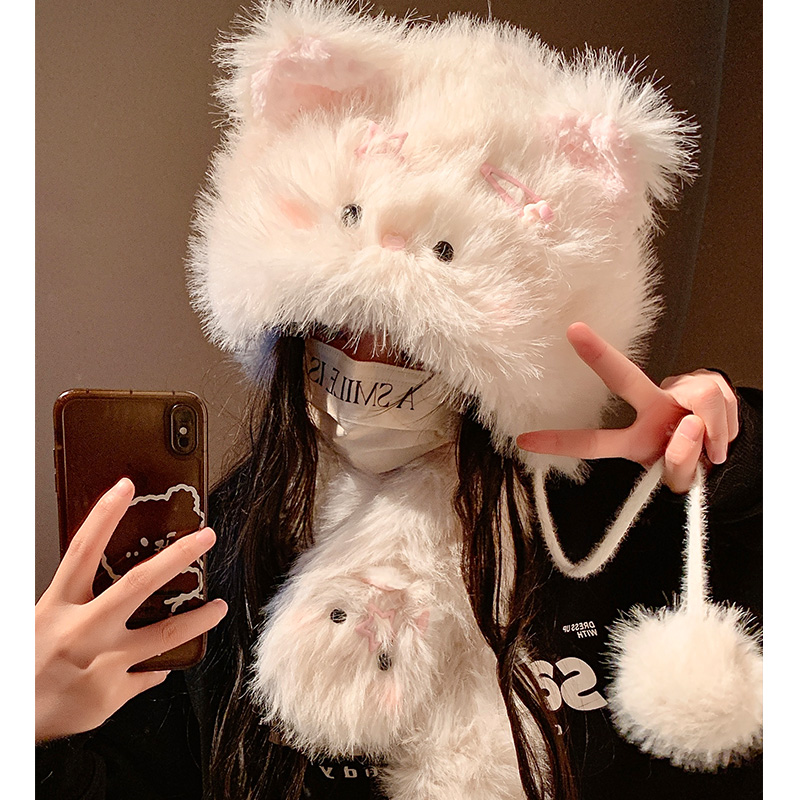 KELUSI联名款 可爱发夹猫咪毛绒围巾帽子冬季加厚保暖防寒护耳帽