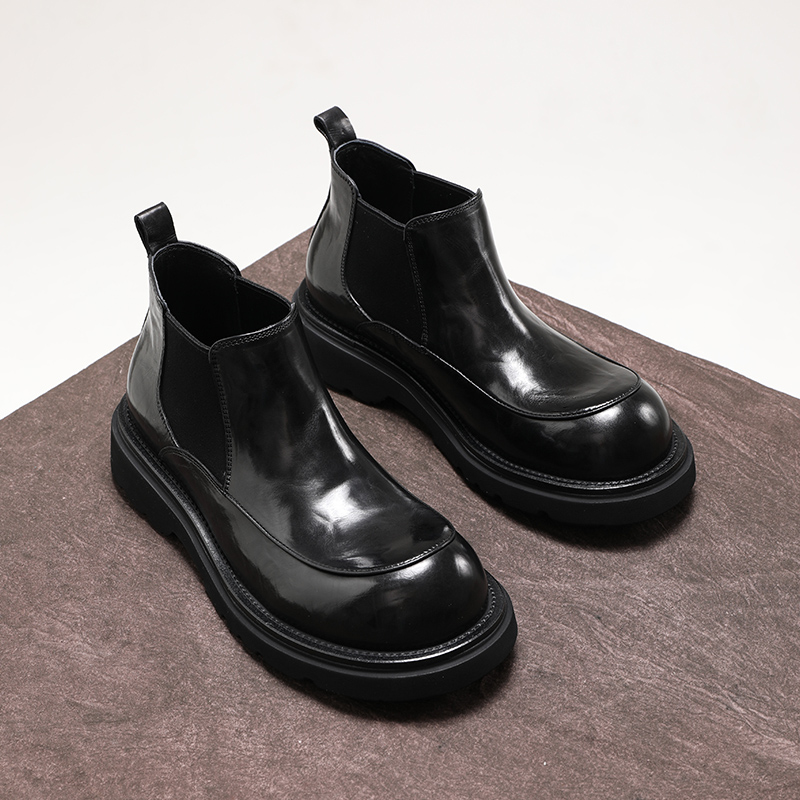 英伦复古圆头切尔西靴男手抓胎牛皮休闲高帮皮鞋潮流大头短靴秋季