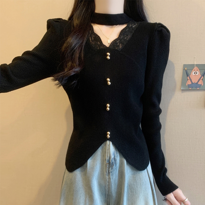 辣妹蕾丝挂脖黑色针织衫女秋冬设计感百搭打底衫显瘦长袖套头上衣
