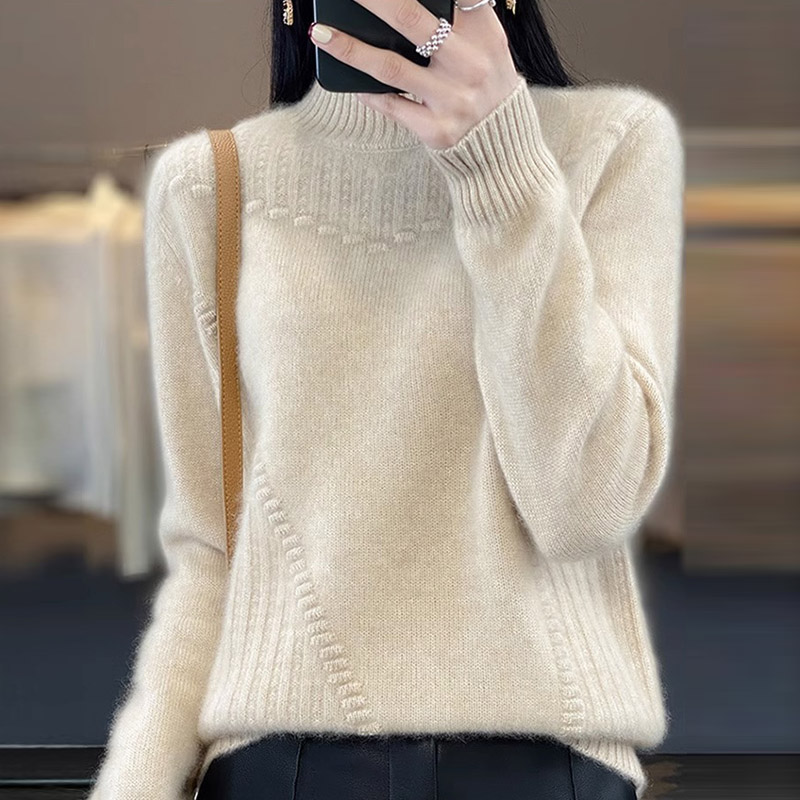 鄂尔多斯市100纯羊毛衫女秋冬宽松显瘦半高领毛衣内搭针织打底衫