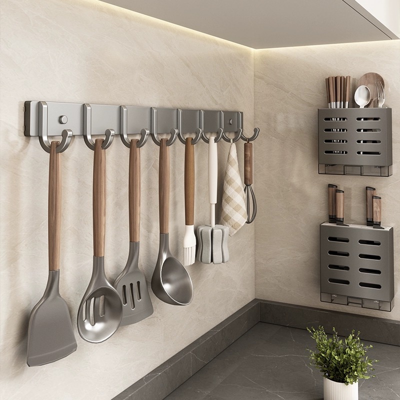 厨房家用挂钩免打孔挂杆锅铲勺子挂架筷子筒刀架置物架壁挂式收纳