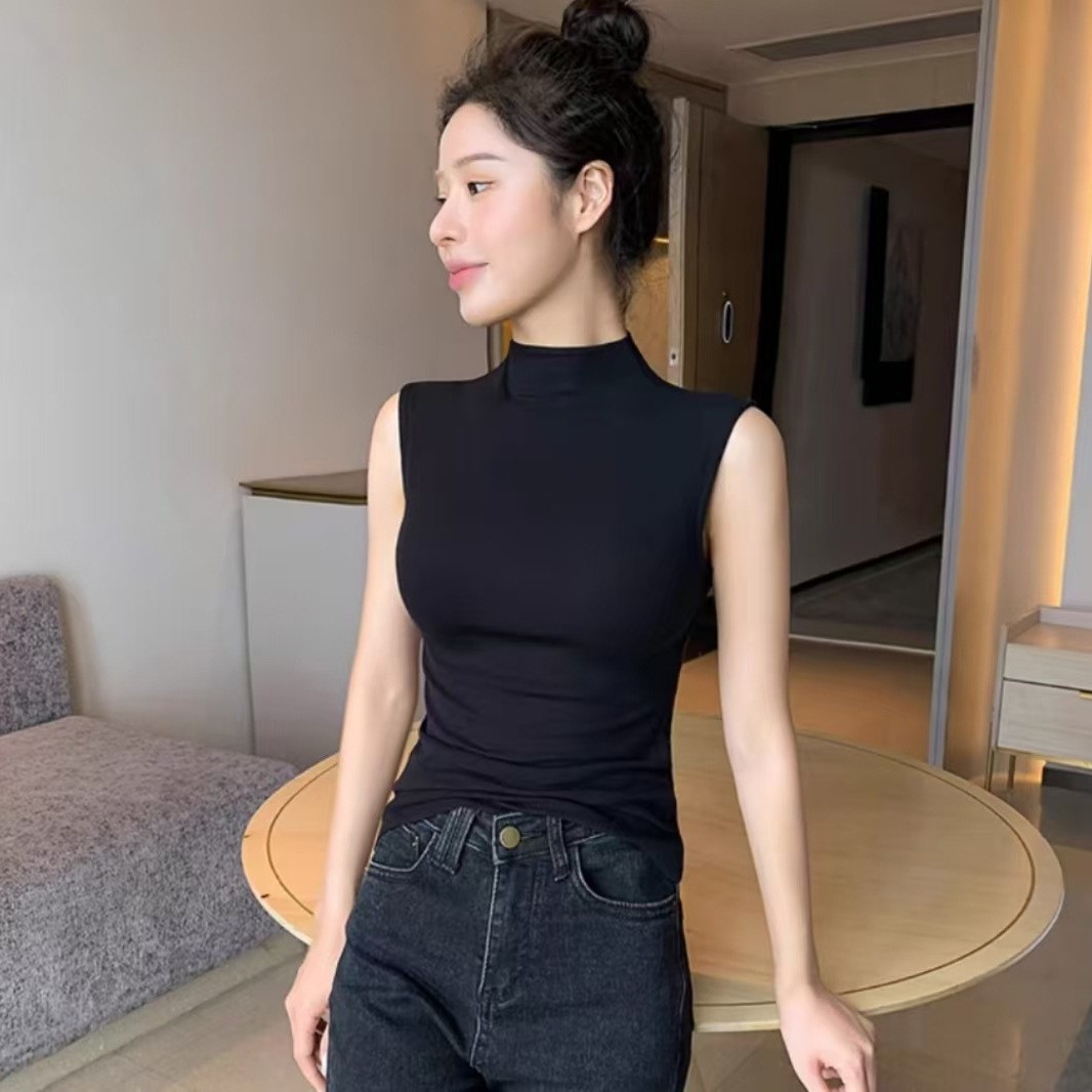 半高领无袖背心女夏外穿2025新款内搭打底衫修身黑色吊带上衣设计