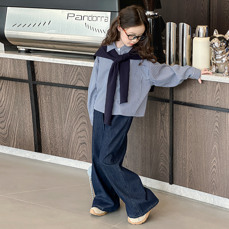 女童春秋款条纹衬衫披肩套装中大童文艺风休闲洋气阔腿裤三件套潮